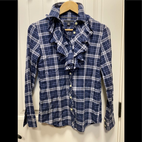 Plaid Flannel Shirt with Ruffle Neckline - Picture 2 of 4